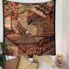 Intricate geometric patterns with red, black, and white abstract designs. Patterned tapestry for bedroom and living room home decor
