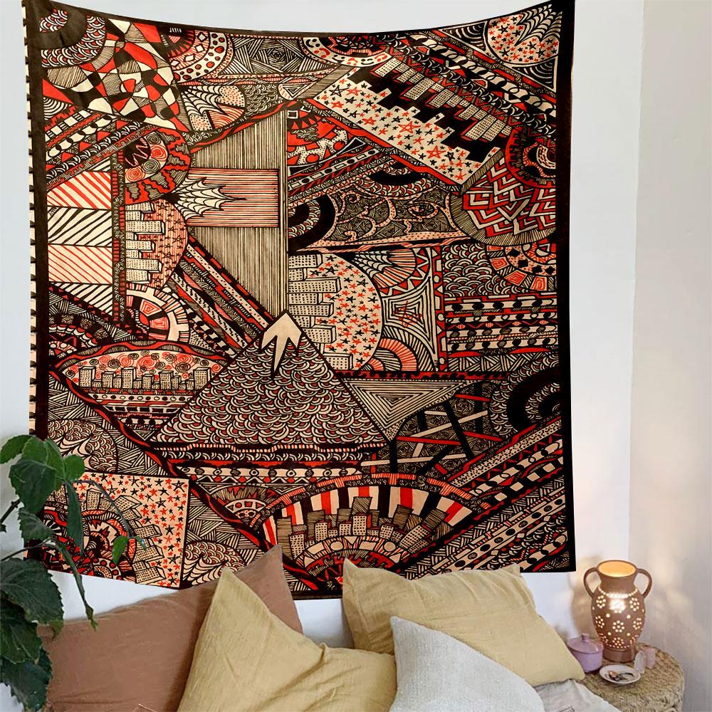 Intricate geometric patterns with red, black, and white abstract designs. Patterned tapestry for bedroom and living room home decor