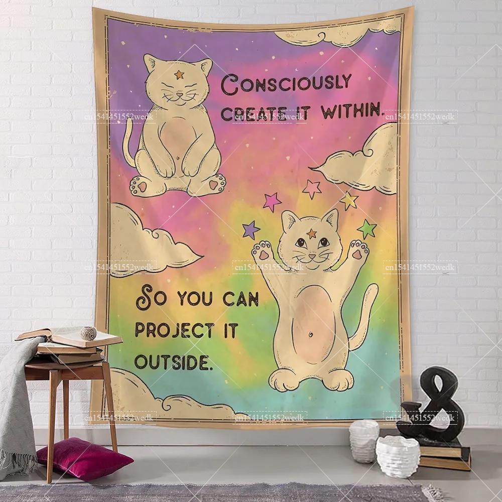 Sun Moon Tarot Tapestry Wall Hanging Boho Tarot Cat Kawaii Room Decor Psychedelic Hippie Tapestry Kids Room Bedroom Art Posters