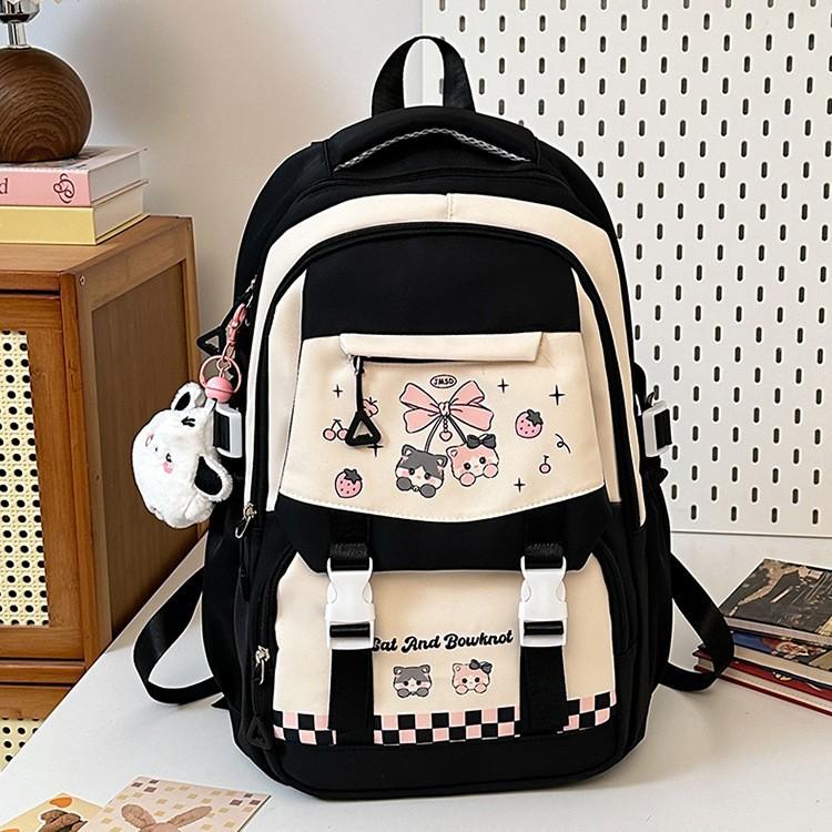 Schoolbag: Korean style cherry blossom peach pink with creamy strawberry kitten, academy style, multi-layered backpack for middle and high school