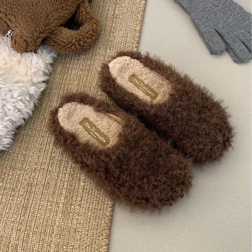 Korean version of one-pedal lamb wool shoes 2025 big head wool inside half drag slippers bag head flat women's shoes