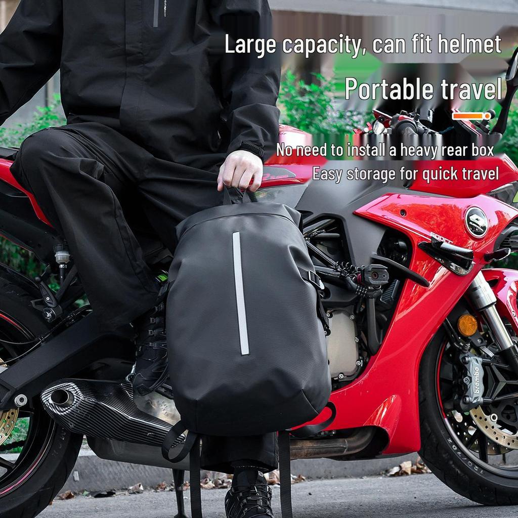 Water-Repellent Leather Motorcycle Backpack with Reflective Strips and Large Capacity