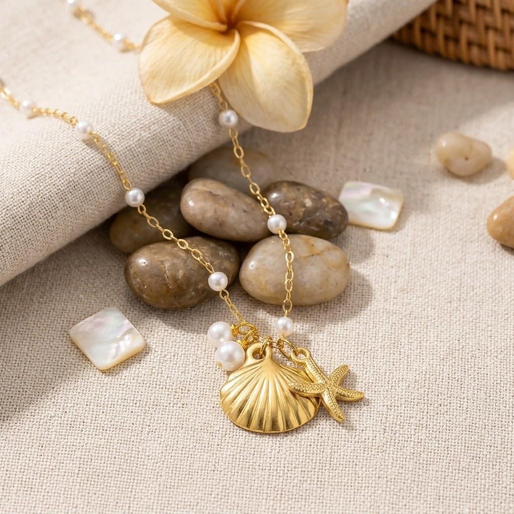 Trendy 18K Gold Plated Luxury Stainless Steel Ocean Shell Star Pearl Necklace for Women Party Gift