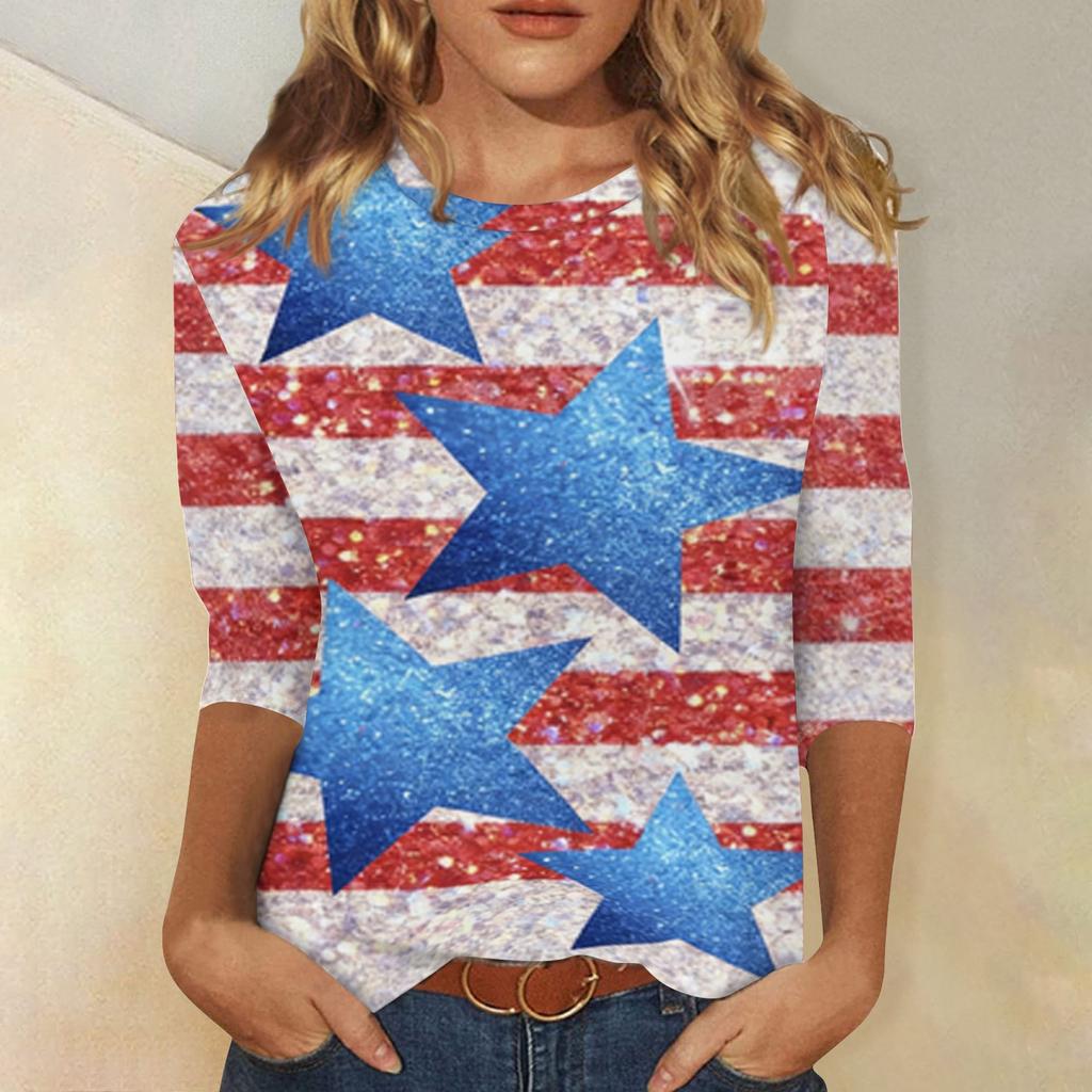 Women's Fashionable Casual Independence Day American Flag and Stars Print Neck Three-Quarter Sleeve T-Shirt Top