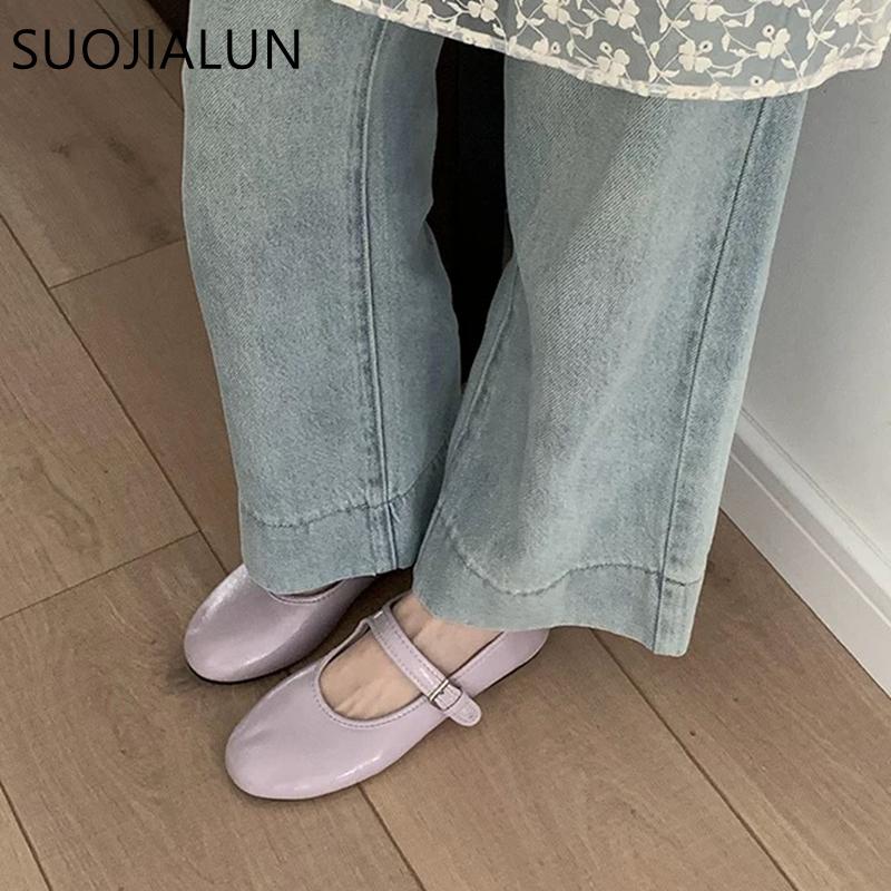 Fashion SUOJIALUN Spring New Women Flat Shoes Fashion Red Mary Jane Shoes Round Toe Ladies Ballerinas Shoes Shallow Slip On Dress Ballet
