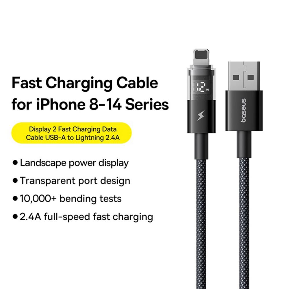 BASEUS USB to Lightning Cable 2.4A Fast Charging Data Cable Digital Display Transparent Port 1m Nylon Braided