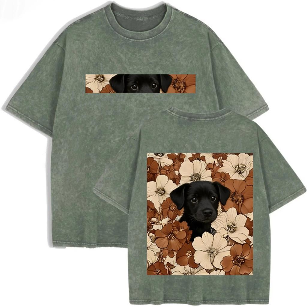 Double Sided Animal Pattern Print Vintage Washed T Shirt Oversized Cotton Aesthetic Kawaii Casual Short Sleeve Streetwear Tee