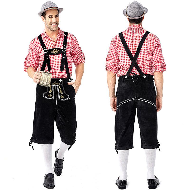 Men's Bavarian Red Plaid Beer Overalls Set - Traditional German Festival Wear