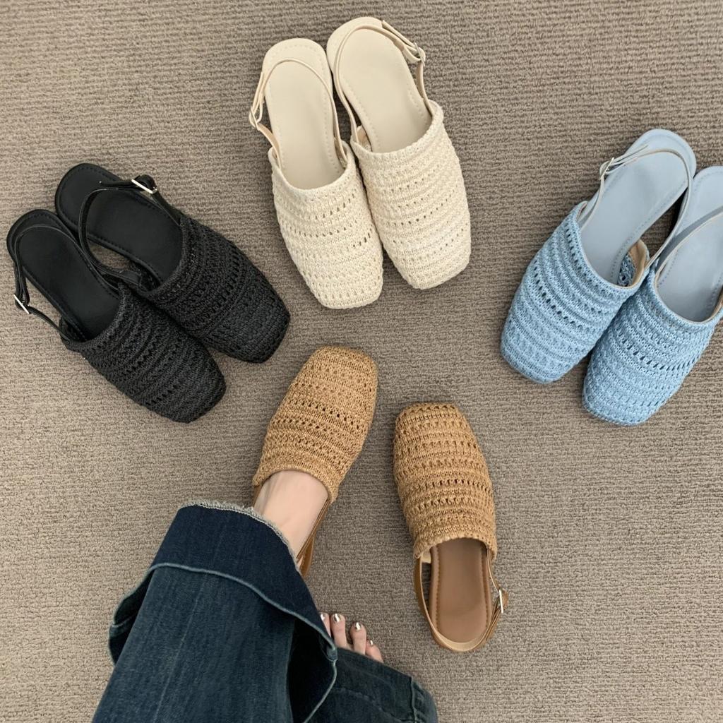 First Encounter Bohemian Style Linen Woven Breathable After Empty Bag Head Half Slippers Women'S Flat Bottom Outer Wear