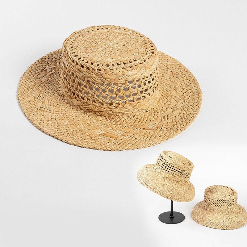 New French Retro Style Breathable Hollow Pattern Wide Brim Raffia Sun Hat Ladies Summer Travel Trendy Concave Top Straw Hat