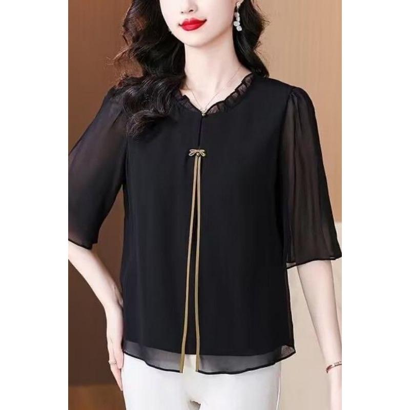 2025 Neue Mode Kurzärmeliges Chiffonhemd Rundhalsausschnitt Kurzärmelig Vielseitiges Oberteil Locker Lässig Elegantes T-Shirt