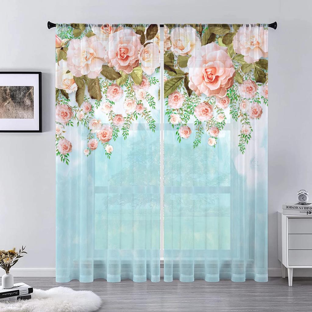 Flower Wall Voile Curtains Living Room Bedroom Decoration Transparent Chiffon Tulle Curtain Kitchen Window Treatment Sheer Polyester Sitting Decor
