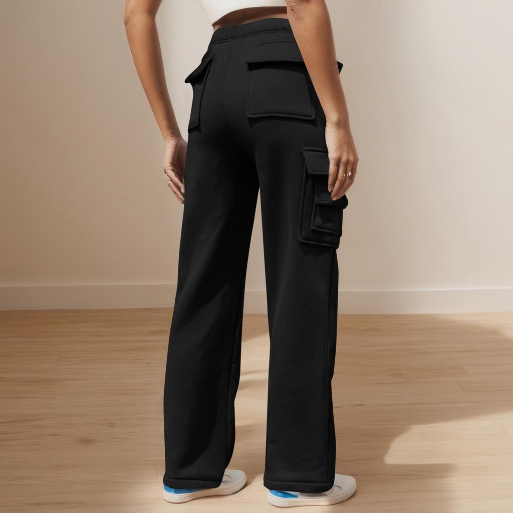 Women's Casual Fashion Solid Color Elastic Waist Drawstring Pockets Wide Leg Straight Pants