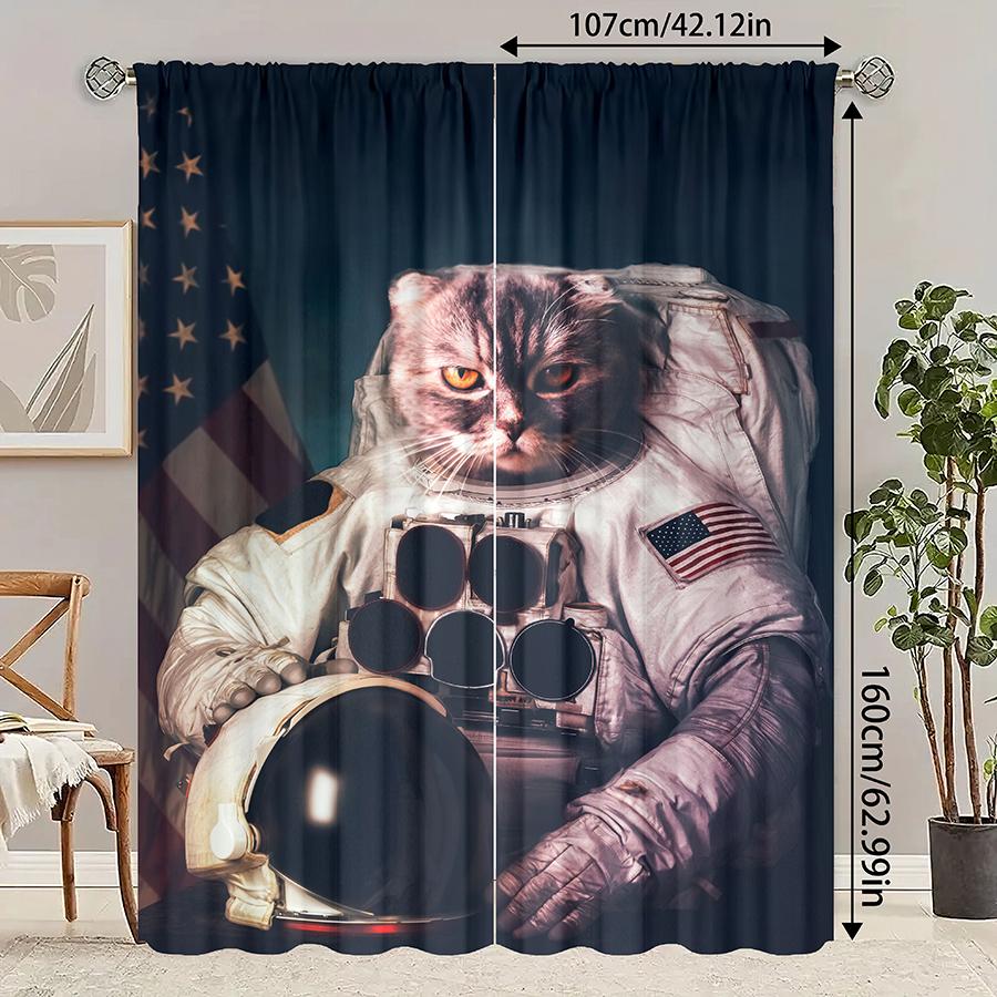 

Set Of 2 Space Cat Pattern Printed Curtains Pole Bag Bedroom Living Room Home Decoration Curtain For Great Made Polyester W100*H70(CM)-Hooks&1PCS