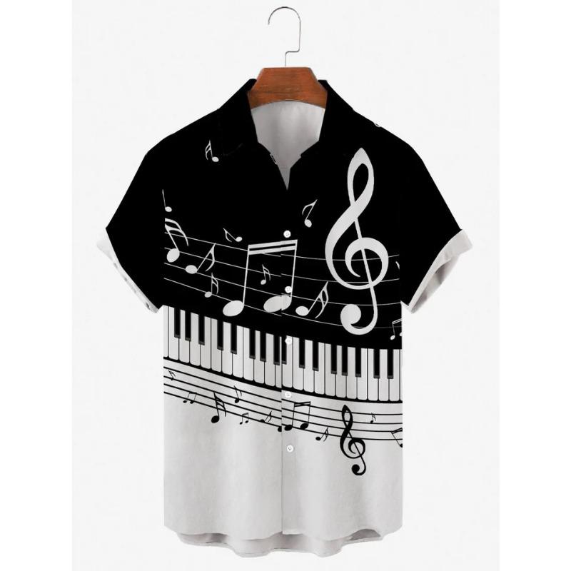 Men's Casual Shirt 3D Music Note Printed Hawaiian Men's Short Sleeve Lining