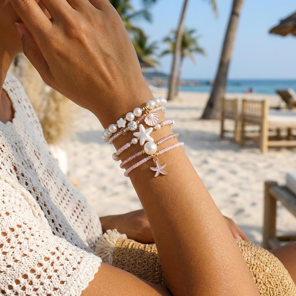 Dainty Shell Imitation Pearl Stretch Bracelets for Women Multilayer Starfish Beaded Stackable Hand Chain Vacation Jewelry Gift