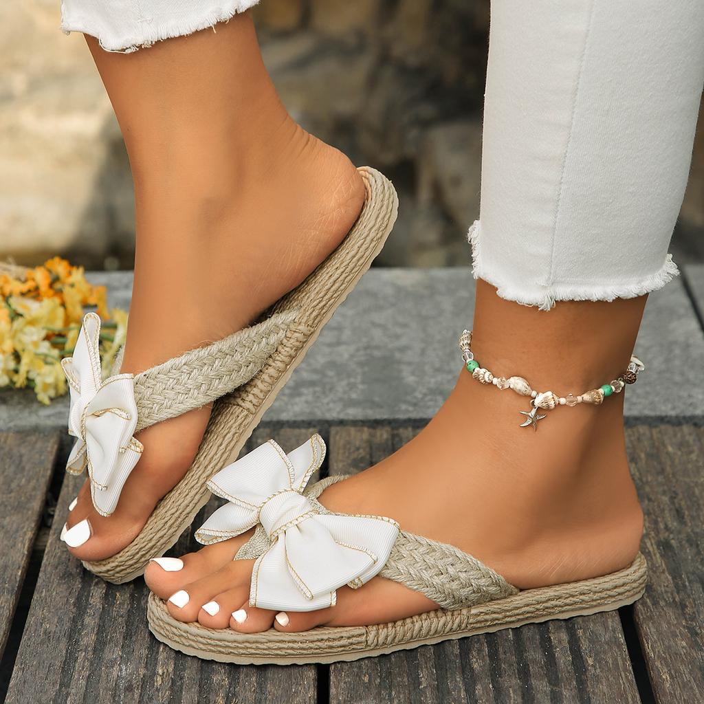 Fashion 2025 New Linen Flower Decor Flip Flops Fashion Women Slides Flat Heel Outdoor Beach Summer Woman Slippers Ladies Shoes