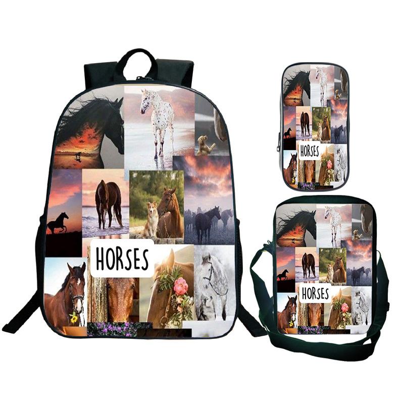 Studenten Rugzak Anime Grappig Dier Paard Schooltas Vrijetijdsrugzak Schoudertas Messenger Bag Etui 3 Delige Set Cadeau