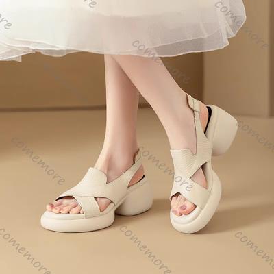 Sandálias Romanas Fashion Comemore Femininas Verão Sola Grossa Couro Macio Biqueira Aberta Salto Bloco Sandálias Femininas Sapatos Casuais para Mulheres