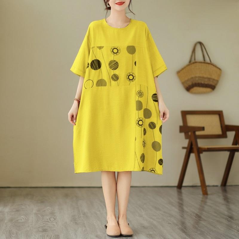 

Новинка жіночих суконь з коротким рукавом, бавовняного вінтажного квіткового принтом, повсякденного вільного крою, з коротким рукавом жовтий