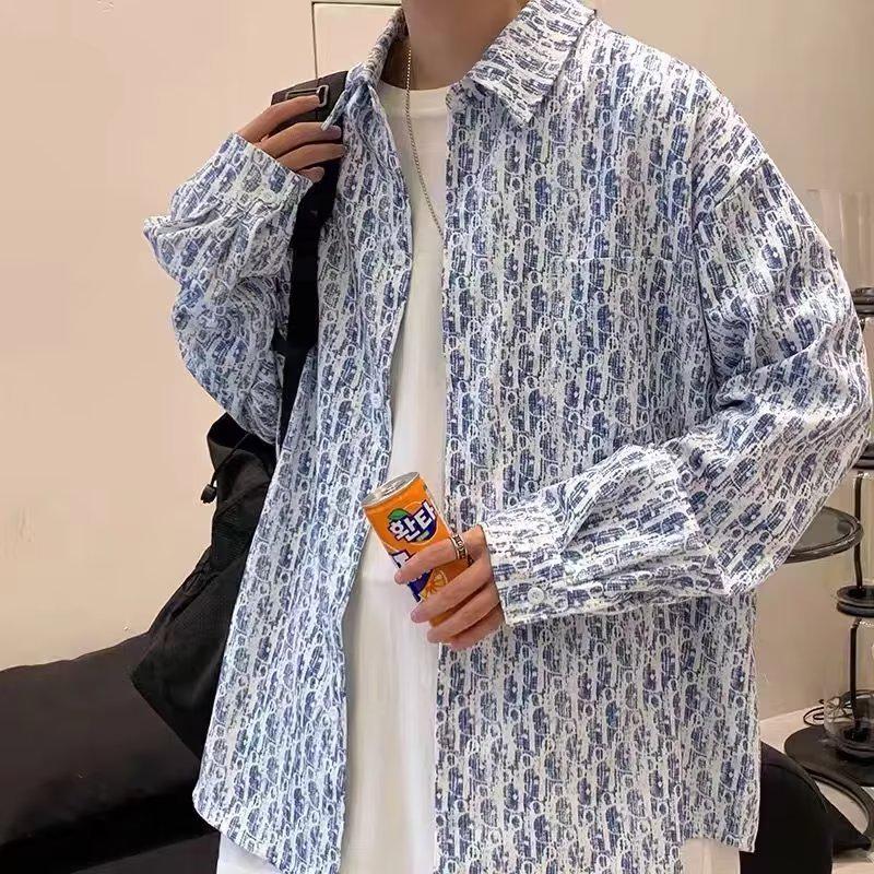 

Мужская летняя повседневная рубашка с длинным рукавом и геометрическим принтом — модный корейский стиль L синий