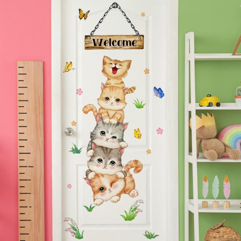 Cartoon Five Cats Welcome Wall Sticker Kids Room Door Decoration Mural Bedroom Entrance Home Decor Self Adhesive Kitty Wallpaper