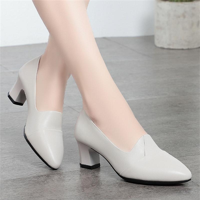 New Women Pumps Pu Leather Work Shoes Chunky High Heels Women Pointed Toe Pumps Casual Slip on Solid Heels Women Shoes