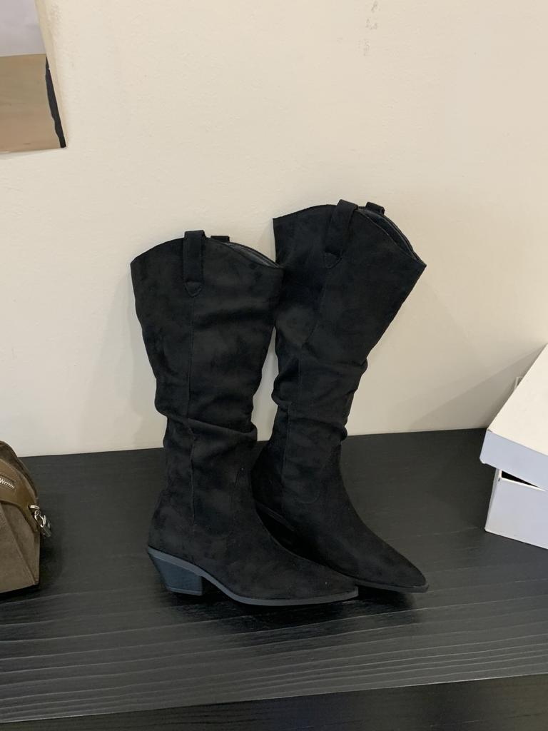 Pointed Thick Heel Pile Boots Tall Boots 2025 Autumn and Winter Khaki Short Boots But Knee Small Boots