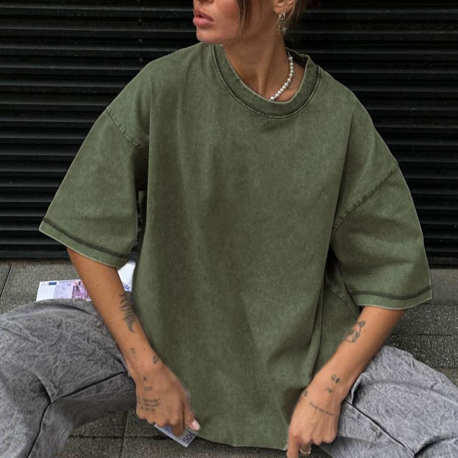 Women Men 100% Cotton Retro T-shirt Men Women Vintage Short-sleeve Wax Printing T Shirts Solid Color Hip Hop Loose Tees