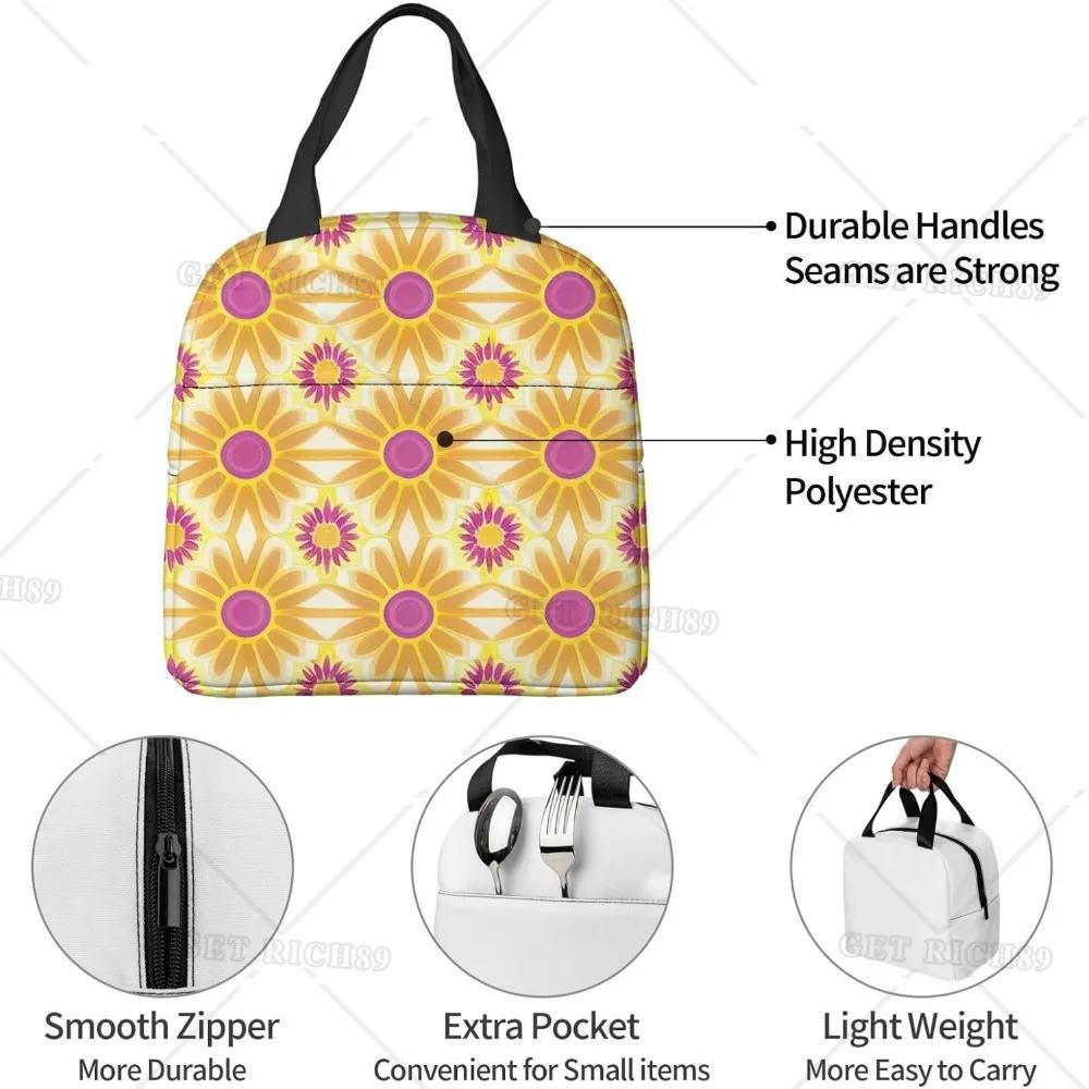 Orange and Yellow Flower Print Reusable Leakproof Lunch Box for Work Office Picnic Travel Portable Insulated Lunch Bag for Women