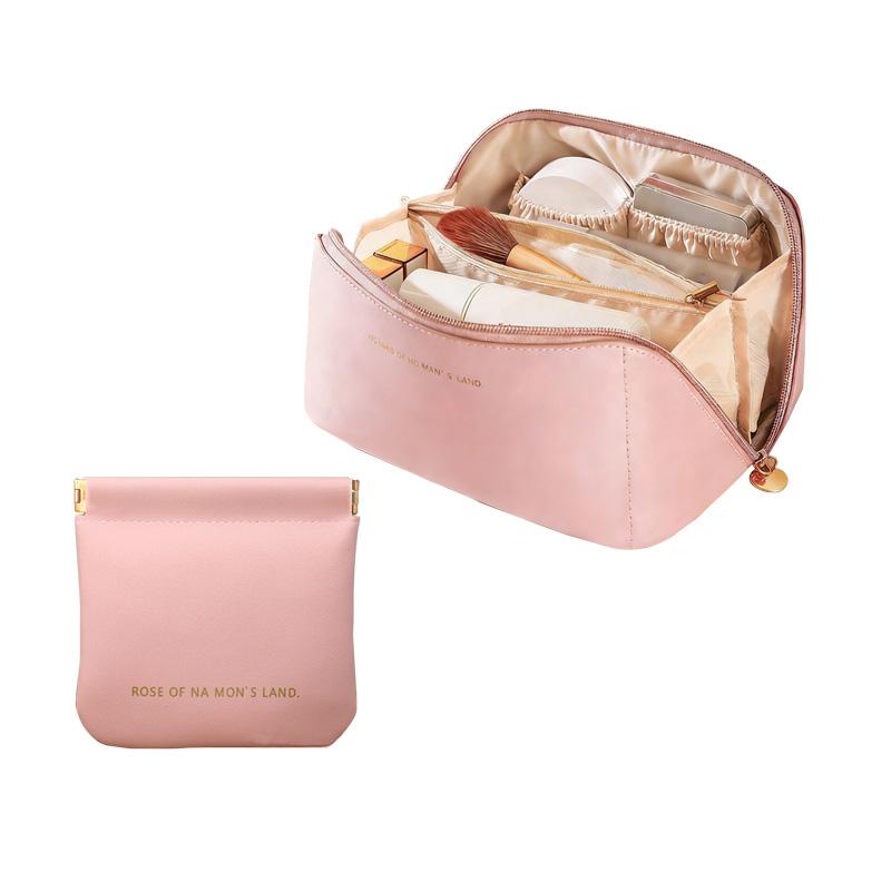 

Large Capacity Pink Makeup Bag Portable Minimalist Travel Organizer with Compartments for Cosmetics Skincare & Toiletries