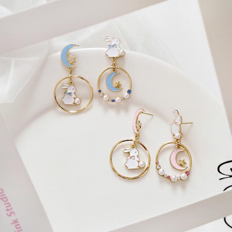 Neue 2023 Süße Geometrische Kreisförmige Hängeohrringe für Frauen Lang Asymmetrisch Fein Mond Hase Niedliche Modeohrringe