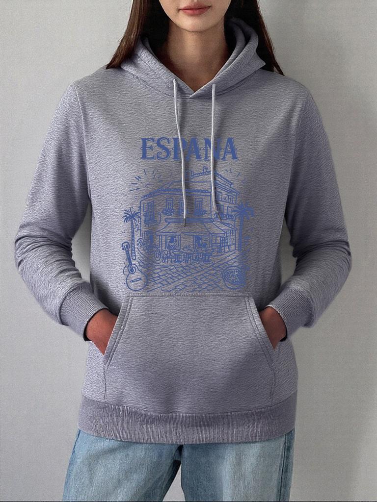 Spanien Lokale Straßenszene Drucke Kapuzenpullover Damen Lässig Locker Sweatshirt Winter Fleece Warm Pullover Basics Tasche Damenkleidung