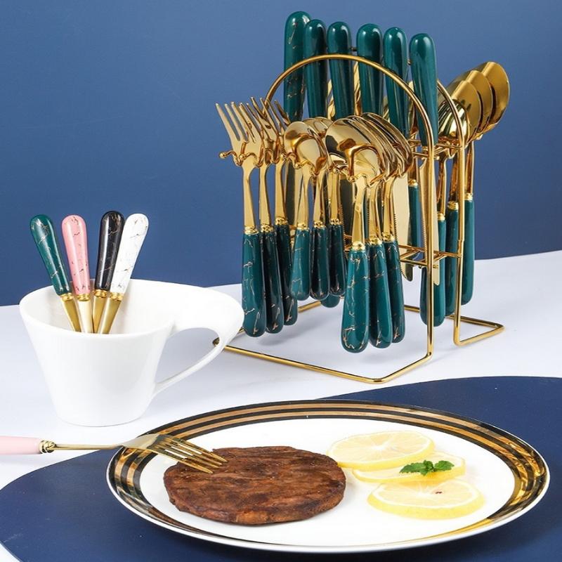 24 Pcs Stainless Steel Cutlery Dark Green Handle Knife Fork Spoon Set Cutlery Set Travel Cutlery Set Flatware Set