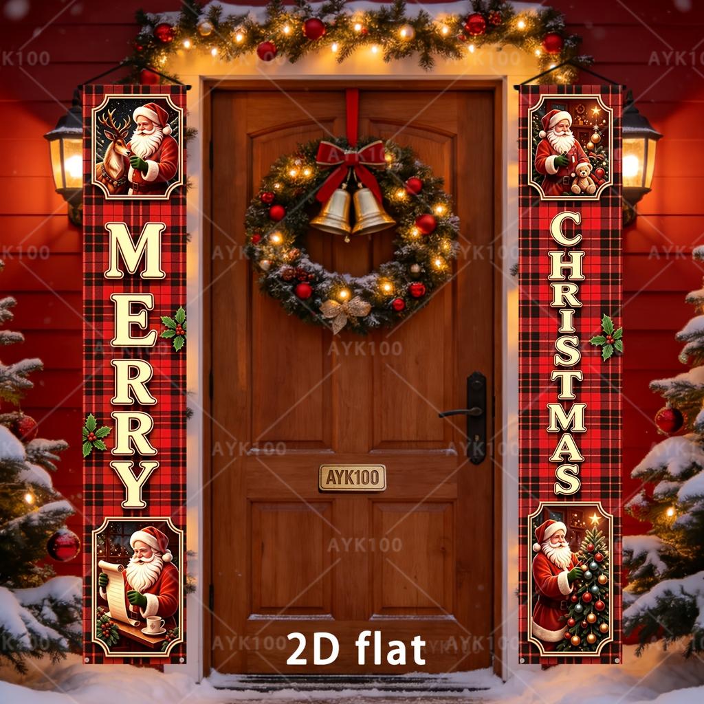 2D Flat, 2pcs AYK100 Spanish Christmas Banner Suitable for Front Porch, Yard & Indoor Decorations - Red & Black Plaid Santa Claus Bunting with Durable