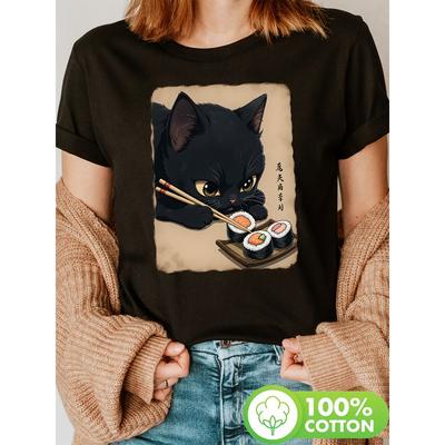 Women Cat Eating Sushi Print T-Shirt Crew Neck Short Sleeve Spring Summer Casual Top