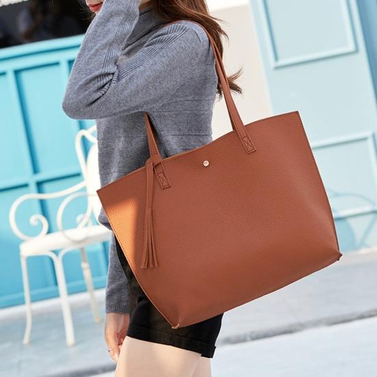 Women Tote Bag Solid Color Shoulder Bag Magnetic Closure Faux Leather Handbag with Separate Small Clutch for Work Travel Party