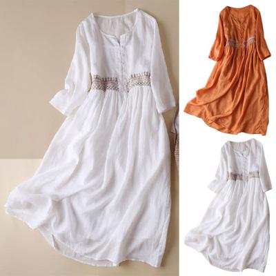 Damen-Frühlings- und Sommerkleid, Rundhalsausschnitt, ethnischer Stil, Stickerei, lange Ärmel, hohe Taille, A-Linie, halb einreihig, einfarbig, doppellagiges Midikleid