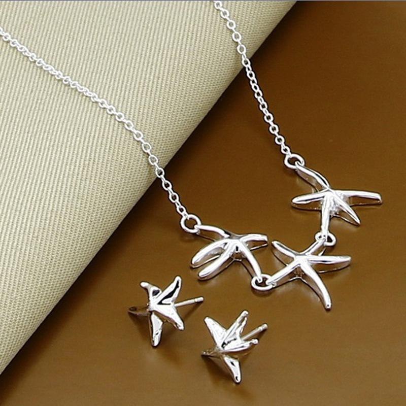 925 Sterling Silver Starfish Necklace Earrings Set Birthday Party Anniversary Gift Suitable for Women's Daily Wear