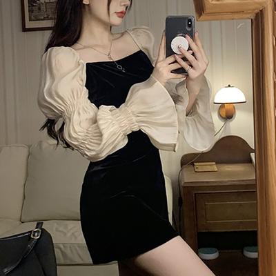 Square Collar Puff Sleeve Black Little Black Skirt Design New Spring and Autumn Slim Long-sleeved Dress