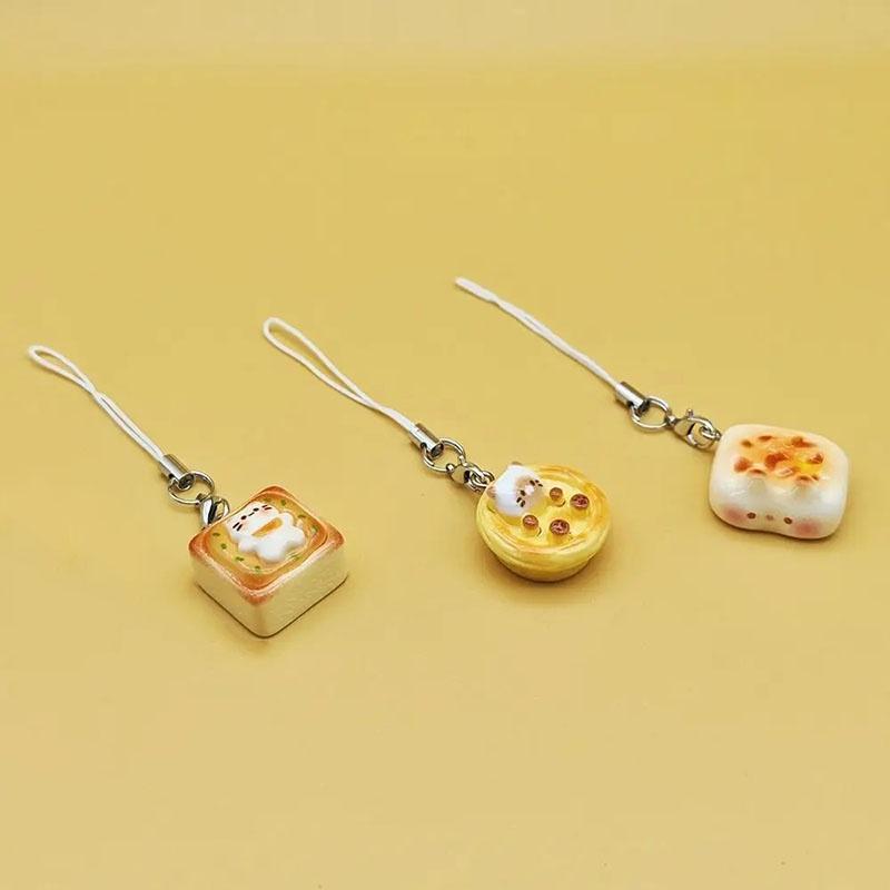 3pcs Japanese Style Cute Cat Bread Phone Chain Creative Charms Kitten Toast Keychains Anti-lost Lanyard Universal Phone Lanyard