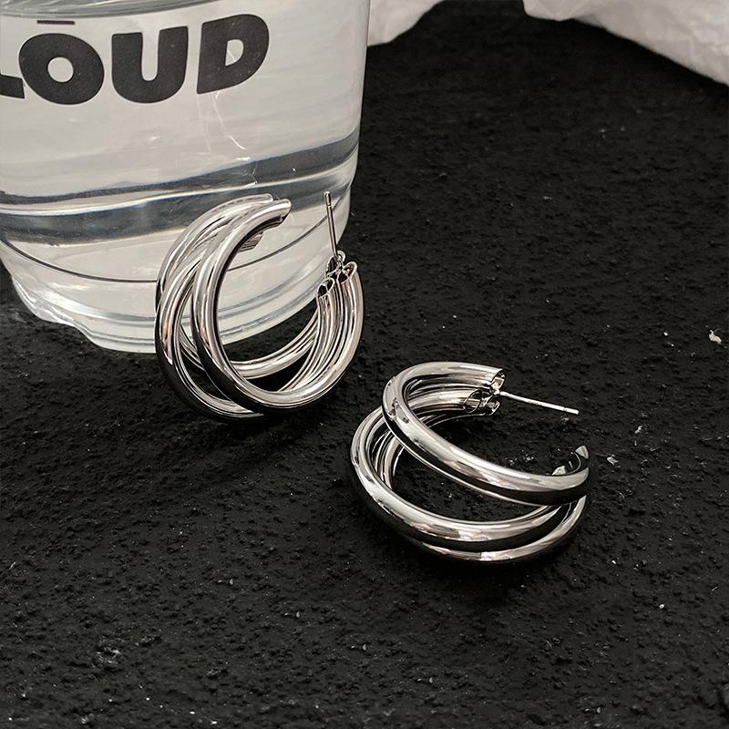 Chunky Earrings C-Type Triple Circle Hoops Earrings for Women Gold Color Alloy Three Circles Hoop Earrings Fashion Zircon Gift
