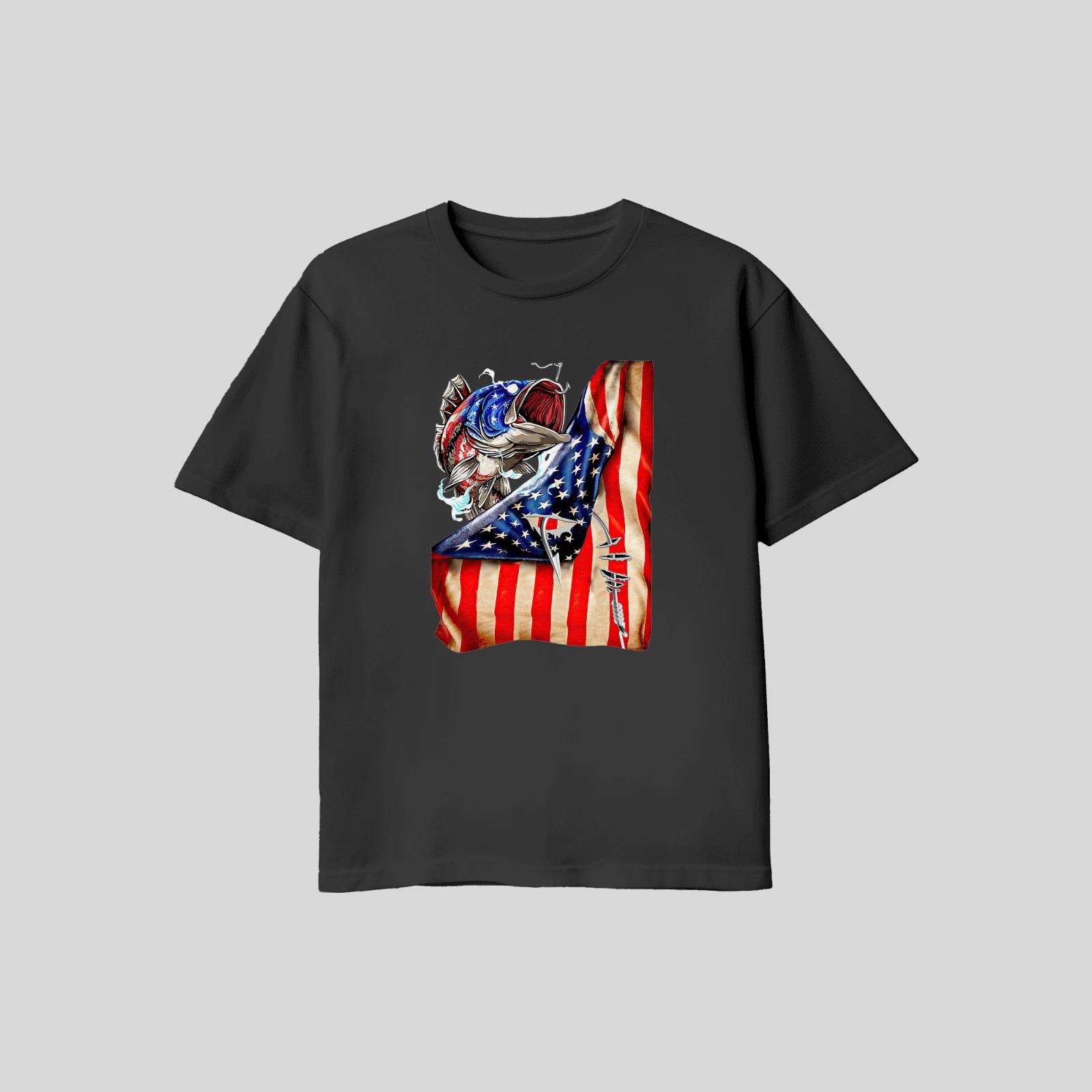 Unisex Adult Casual Graphic Bass Fishing American Flag T Shirt L XL... XXXXL