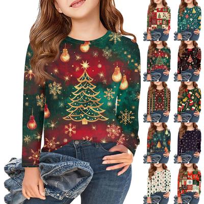 Christmas Day Girls Long Sleeve T Shirts Kids Fall Tops Crewneck Printed Basic Tees