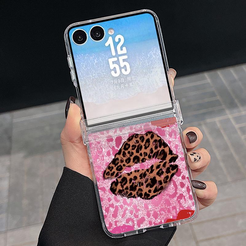 Bowknots Leopard Print Case For Samsung Z Flip 8 7 FE 6 5 Magnetic Clear Hard PC Folding Phone Cover For Galaxy Z Flip8 Flip7 Flip6
