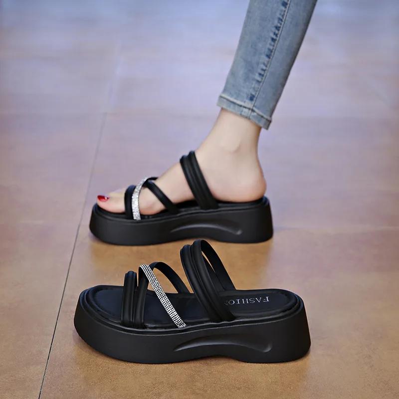 Shoes Woman's Slippers Low Slides Fashion Shale Female Beach Platform 2025 Luxury Summer Sabot Rubber Fabric Rome PU