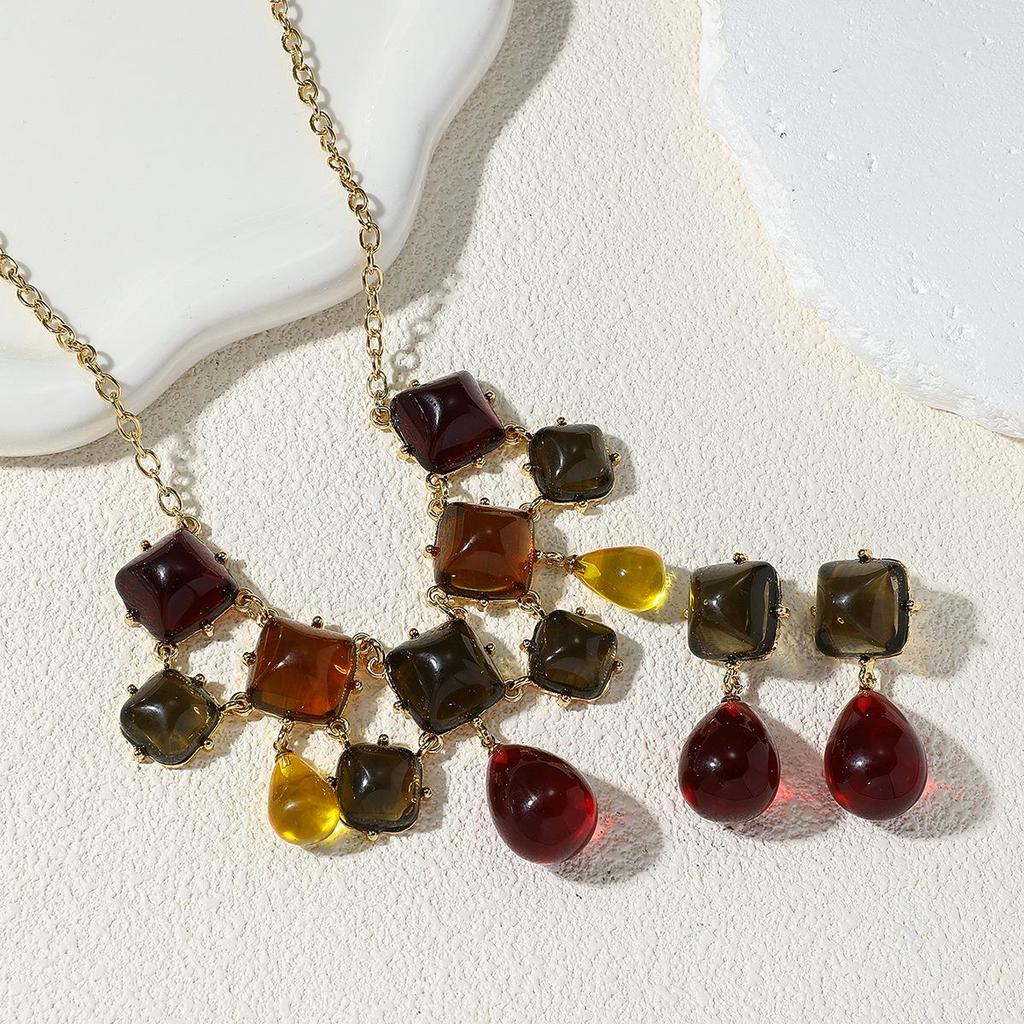 Artistic Retro Square Jewelry Set: Simple, Elegant, Translucent Earrings & Necklaces In Hong Kong Style.
