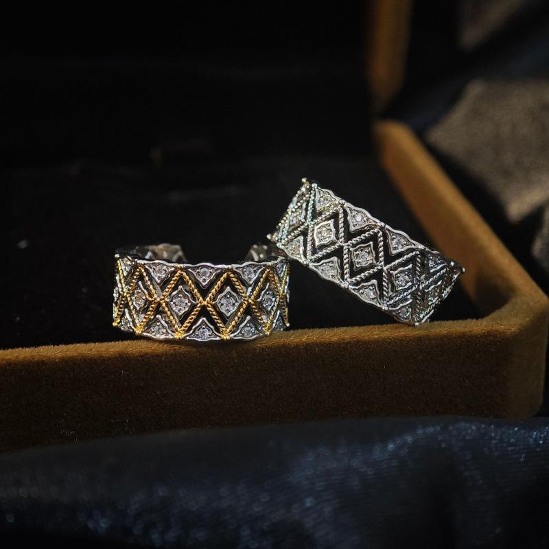 Italian Cloth Lace Brushed Silk Craft Court Style Diamond Set Ring Women'S Weave Pattern Carved Gold Diamond Ring Ring