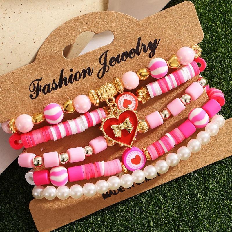 Valentine's Day Bracelet Multi-layer Stacked Pink Love Pendant Bracelet Soft Pottery Beaded Elastic Bracelet