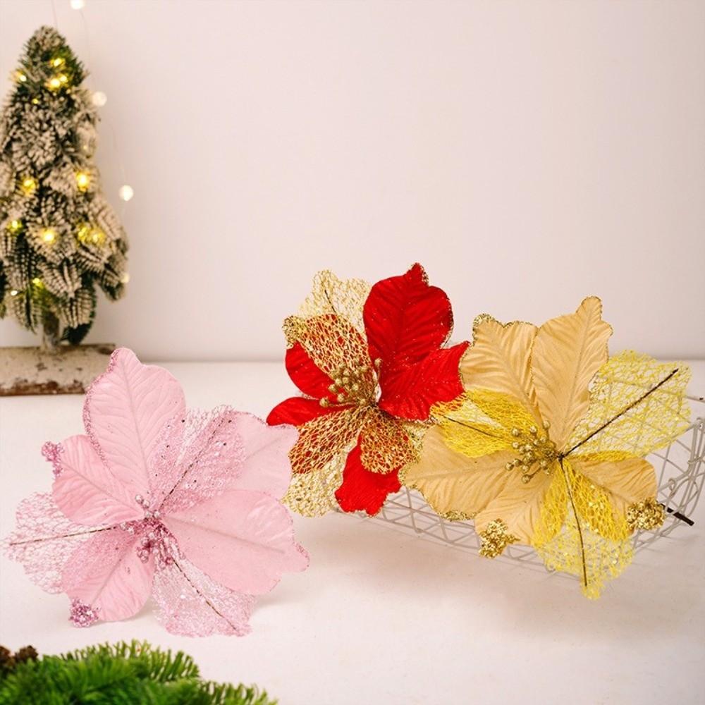 Maple Leaf Shaped Simulated Christmas Flowers Luxury Handmade Xmas Decorative Flowers Realistic Eternal Flower Festive Display